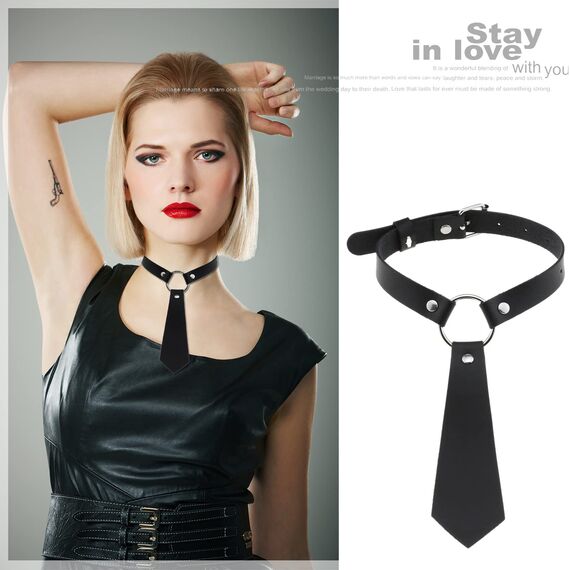 JewelryWe Schmuck Damen Choker Halsband Leder Halskette Sexy Punk O-Ring Krawatte Schlips Kragen Kette verstellbare Schnalle Halsketten für Frauen Mädchen Schwarz