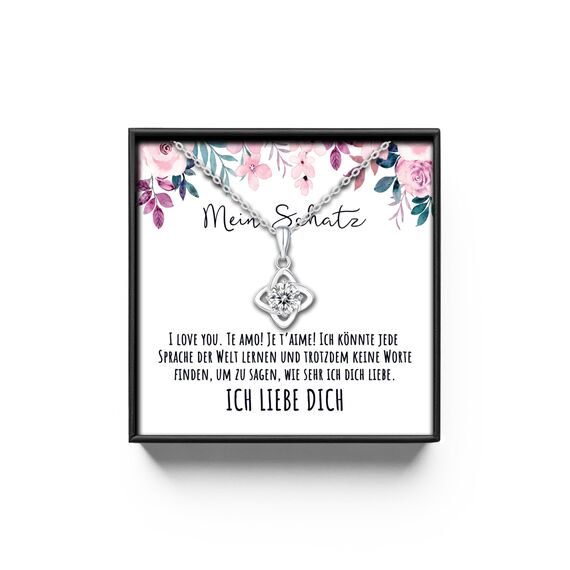 BYLITZ An meinen Schatz Halskette mit Karte Herz Kette mit LED Box und Spruch für Damen Frau Partnerin Freundin oder Verlobte zum Jahrestag Geburtstag Weihnachten (Standard Box - Knoten V4)