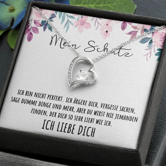 BYLITZ An meinen Schatz Halskette mit Karte Herz Kette mit LED Box und Spruch für Damen Frau Partnerin Freundin oder Verlobte zum Jahrestag Geburtstag Weihnachten (Standard Box - Herz V12)