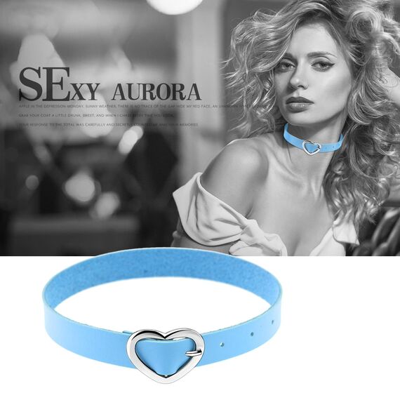 JewelryWe Schmuck Damen Choker Halsband Leder Halskette Gothic Punk Lolita Herz Collier Kette verstellbare Schnalle Kragen Halsketten für Frauen Mädchen Blau