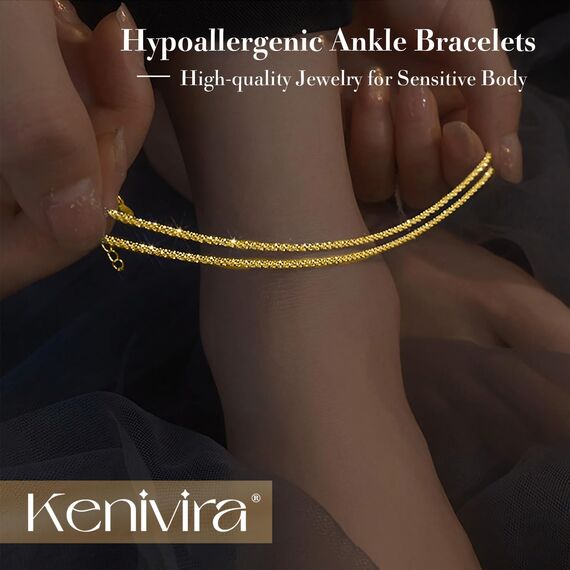 Kenivira Gold Fußkettchen für Frauen, 18K Gold zierlich geschichtet wasserdicht Fußkettchen für Frauen einstellbar, Strand Knöchel Armbänder für Damen