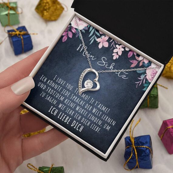 BYLITZ An meinen Schatz Halskette mit Karte Herz Kette mit LED Box und Spruch für Damen Frau Partnerin Freundin oder Verlobte zum Jahrestag Geburtstag Weihnachten (Standard Box - Herz V2)