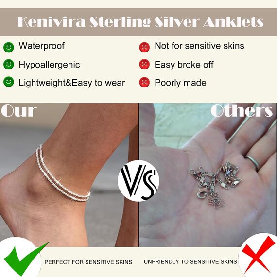 Kenivira Sterling Silber Fußkettchen für Frauen, zierlich geschichtet wasserdicht, Strand Fußkettchen für Damen