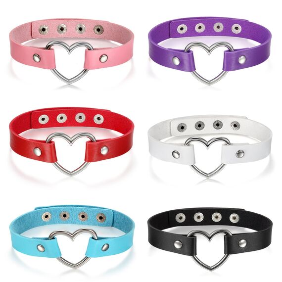 JewelryWe Schmuck 6pcs Set Damen Choker Halsband Halskette, Leder Legierung 33-40cm Erstellbare Punk Lolita Herz Collier Kette, 6 Farben