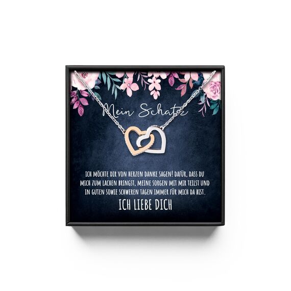 BYLITZ An meinen Schatz Halskette mit Karte Herz Kette mit LED Box und Spruch für Damen Frau Partnerin Freundin oder Verlobte zum Jahrestag Geburtstag Weihnachten (Standard Box - Doppelherz V7)