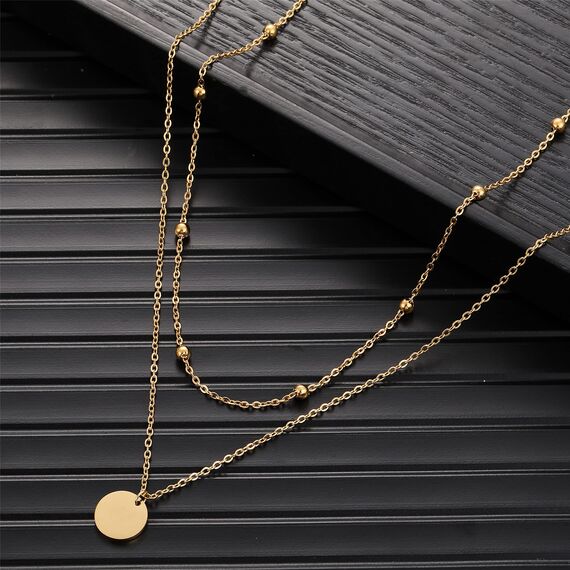 AFSTALR Damen Layered Kette Gold Plättchen Kette Doppel Multilayer Halskette mit Coin Runden Anhänger