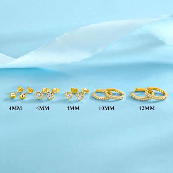 Ecripe 5 Paar 925 Sterling Silber Ohrringe Set für Frauen, 3 Paar 14K Gold Mini Ohrstecker 2 Paar Creolen mit Cubic Zirkonia, Hypoallergene Klein Knorpel Ohrringe für Mädchen