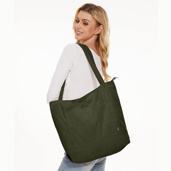 KALIDI Cord Tasche Damen Umhängetasche mit Reißverschluss Wasserdicht Tote Bag mit Taschenfach Groß Shopper Tasche Handtasche Schultertaschen für Arbeit Büro Reisen Einkaufen Schule