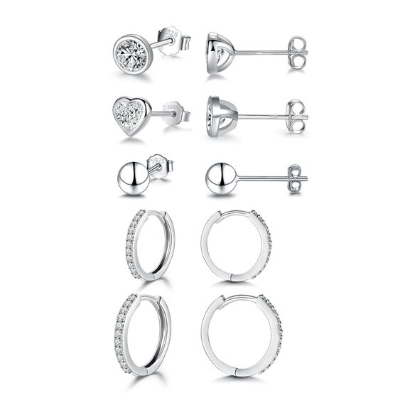 Ecripe 5 Paar 925 Sterling Silber Ohrringe Set für Frauen, 3 Paar SIlber Mini Ohrstecker 2 Paar Creolen mit Cubic Zirkonia, Hypoallergene Klein Knorpel Ohrringe für Mädchen