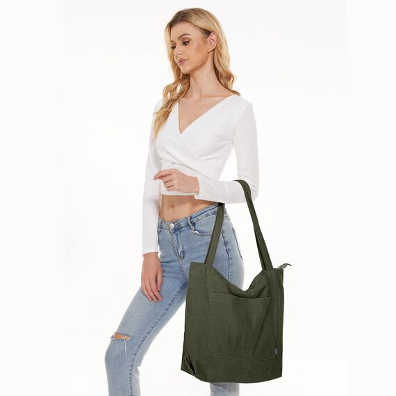 KALIDI Cord Tasche Damen Umhängetasche mit Reißverschluss Wasserdicht Tote Bag mit Taschenfach Groß Shopper Tasche Handtasche Schultertaschen für Arbeit Büro Reisen Einkaufen Schule