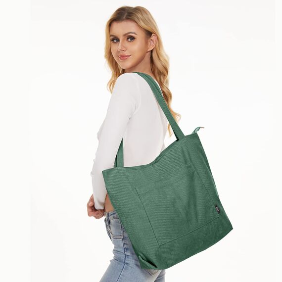 KALIDI Cord Tasche Damen Umhängetasche mit Reißverschluss Wasserdicht Tote Bag mit Taschenfach Groß Shopper Tasche Handtasche Schultertaschen für Arbeit Büro Reisen Einkaufen Schule