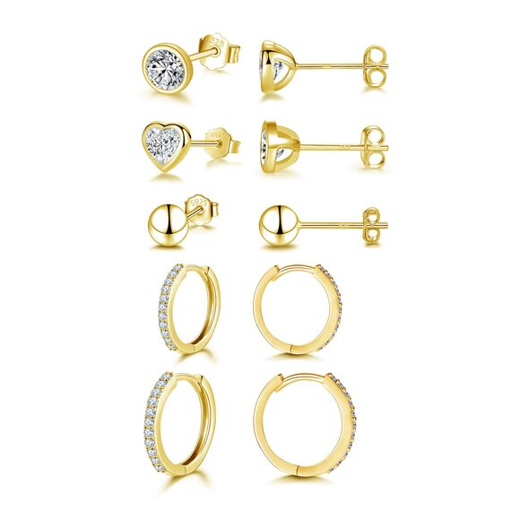 Ecripe 5 Paar 925 Sterling Silber Ohrringe Set für Frauen, 3 Paar 14K Gold Mini Ohrstecker 2 Paar Creolen mit Cubic Zirkonia, Hypoallergene Klein Knorpel Ohrringe für Mädchen