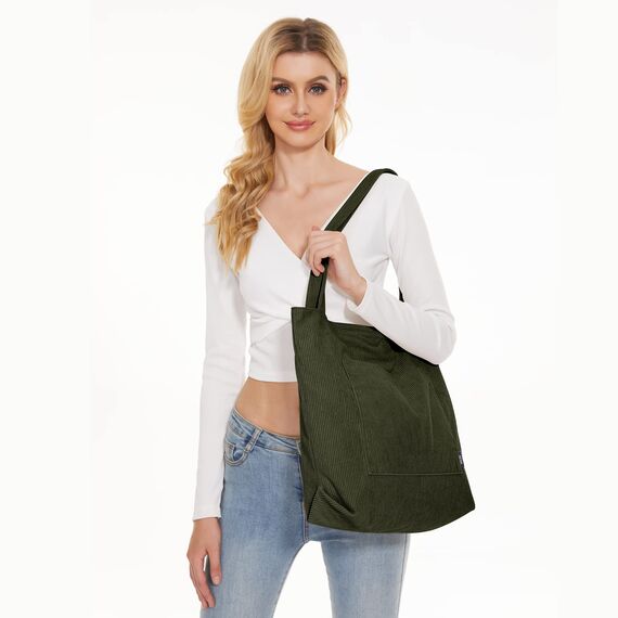 KALIDI Cord Tasche Damen Umhängetasche mit Reißverschluss Wasserdicht Tote Bag mit Taschenfach Groß Shopper Tasche Handtasche Schultertaschen für Arbeit Büro Reisen Einkaufen Schule