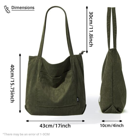 KALIDI Cord Tasche Damen Umhängetasche mit Reißverschluss Wasserdicht Tote Bag mit Taschenfach Groß Shopper Tasche Handtasche Schultertaschen für Arbeit Büro Reisen Einkaufen Schule
