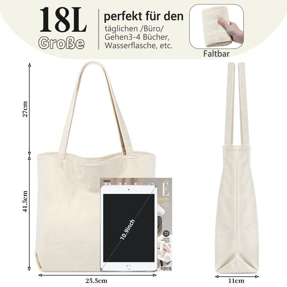 benpen Cord Uni Tasche Shopper Damen,Beige Schule Handtasche Groß Schultasche Umhängetasche Tote Bag Unitasche Arbeitstasche mit Reißverschluss Fächern,Geschenk für Sie Damen