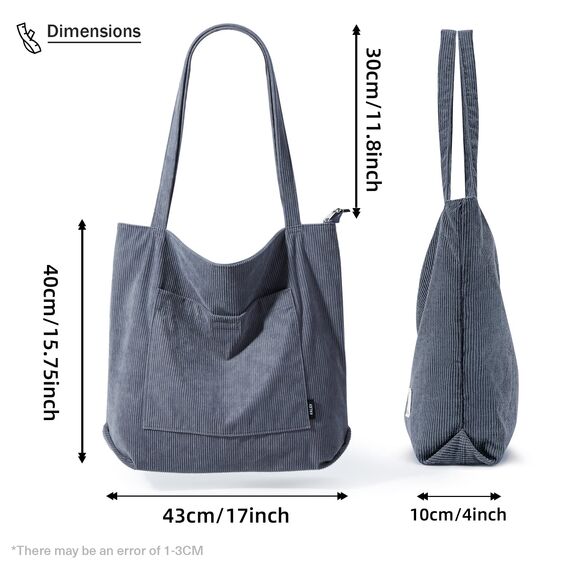 KALIDI Cord Tasche Damen Umhängetasche mit Reißverschluss Wasserdicht Tote Bag mit Taschenfach Groß Shopper Tasche Handtasche Schultertaschen für Arbeit Büro Reisen Einkaufen Schule