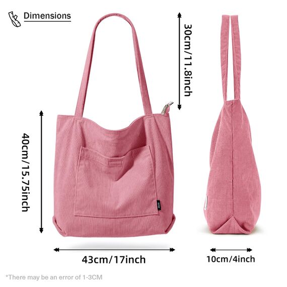 KALIDI Cord Tasche Damen Umhängetasche mit Reißverschluss Wasserdicht Tote Bag mit Taschenfach Groß Shopper Tasche Handtasche Schultertaschen für Arbeit Büro Reisen Einkaufen Schule (PInk)