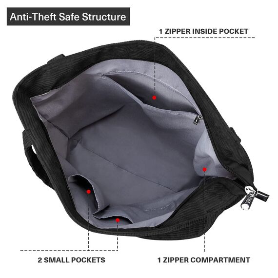 KALIDI Cord Tasche Damen Umhängetasche mit Reißverschluss Wasserdicht Tote Bag mit Taschenfach Groß Shopper Tasche Handtasche Schultertaschen für Arbeit Büro Reisen Einkaufen Schule