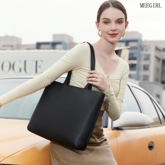 MEEGIRL Damen Henkeltaschen, Einfache Handtaschen PU Leder Tote Shopper Bag für Arbeit, Schule, Einkauf mit Reißverschluss und Innentasche (Schwarz)