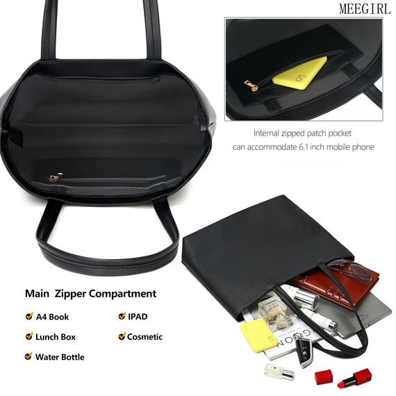MEEGIRL Damen Henkeltaschen, Einfache Handtaschen PU Leder Tote Shopper Bag für Arbeit, Schule, Einkauf mit Reißverschluss und Innentasche (Schwarz)