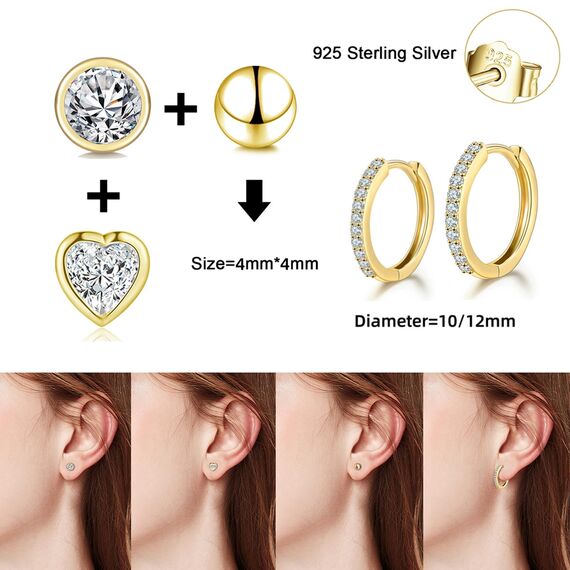 Ecripe 5 Paar 925 Sterling Silber Ohrringe Set für Frauen, 3 Paar 14K Gold Mini Ohrstecker 2 Paar Creolen mit Cubic Zirkonia, Hypoallergene Klein Knorpel Ohrringe für Mädchen