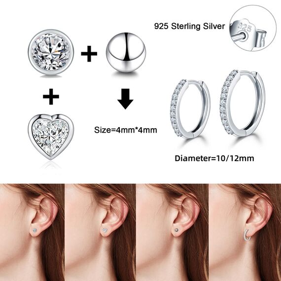 Ecripe 5 Paar 925 Sterling Silber Ohrringe Set für Frauen, 3 Paar SIlber Mini Ohrstecker 2 Paar Creolen mit Cubic Zirkonia, Hypoallergene Klein Knorpel Ohrringe für Mädchen