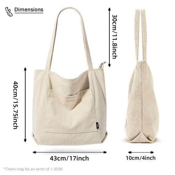 KALIDI Cord Tasche Damen Umhängetasche mit Reißverschluss Wasserdicht Tote Bag mit Taschenfach Groß Shopper Tasche Handtasche Schultertaschen für Arbeit Büro Reisen Einkaufen Schule (white)