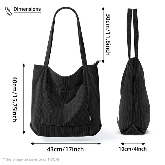 KALIDI Cord Tasche Damen Umhängetasche mit Reißverschluss Wasserdicht Tote Bag mit Taschenfach Groß Shopper Tasche Handtasche Schultertaschen für Arbeit Büro Reisen Einkaufen Schule (black2)