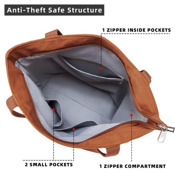 KALIDI cord Tasche Damen Umhängetasche mit Reißverschluss,Groß Shopper Tasche Tote Bag Handtasche Schultertaschen für Arbeit Büro Reisen Einkaufen Schule und Alltag