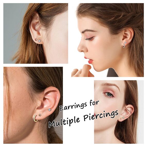 Ecripe 5 Paar 925 Sterling Silber Ohrringe Set für Frauen, 3 Paar SIlber Mini Ohrstecker 2 Paar Creolen mit Cubic Zirkonia, Hypoallergene Klein Knorpel Ohrringe für Mädchen