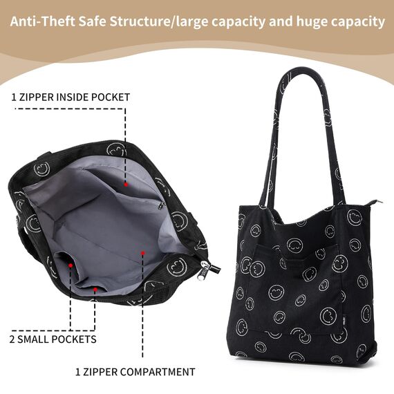KALIDI Cord Tasche Damen Umhängetasche mit Reißverschluss Wasserdicht Tote Bag mit Taschenfach Groß Shopper Tasche Handtasche Schultertaschen für Arbeit Büro Reisen Einkaufen Schule (black2)