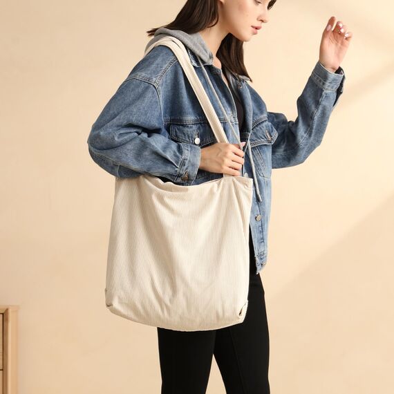 benpen Cord Uni Tasche Shopper Damen,Beige Schule Handtasche Groß Schultasche Umhängetasche Tote Bag Unitasche Arbeitstasche mit Reißverschluss Fächern,Geschenk für Sie Damen