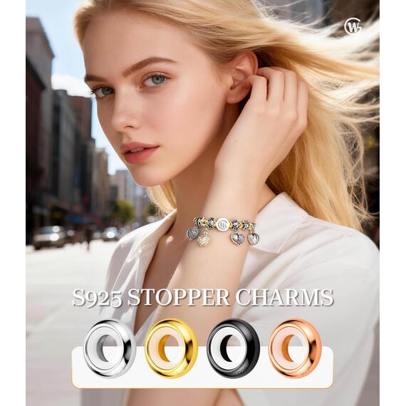 GW Charms Stopper 925 Sterling Silber für Armband mit Gummi Clip Stopper Charms für Bead Charm Armband Anhänger Spacer (8x Silber)