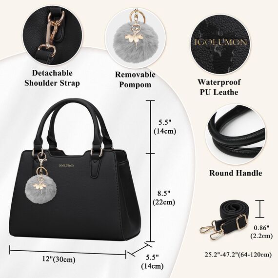 IGOLUMON Handtasche Damen Mittelgroß Tasche Leder Henkeltasche Damen-Henkeltaschen Tote Bag Handtaschen Taschen Schultertaschen Umhängetasche Schultertasche Damenhandtaschen Schwarz