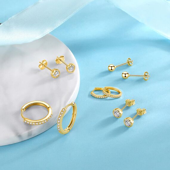 Ecripe 5 Paar 925 Sterling Silber Ohrringe Set für Frauen, 3 Paar 14K Gold Mini Ohrstecker 2 Paar Creolen mit Cubic Zirkonia, Hypoallergene Klein Knorpel Ohrringe für Mädchen