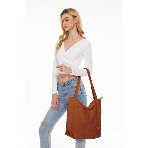KALIDI Cord Tasche Damen Umhängetasche mit Reißverschluss Wasserdicht Tote Bag mit Taschenfach Groß Shopper Tasche Handtasche Schultertaschen für Arbeit Büro Reisen Einkaufen Schule (brown)