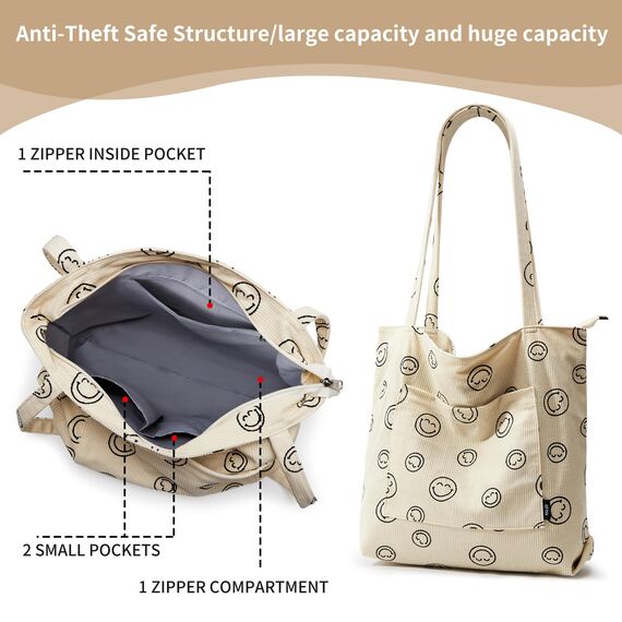 KALIDI Cord Tasche Damen Umhängetasche mit Reißverschluss Wasserdicht Tote Bag mit Taschenfach Groß Shopper Tasche Handtasche Schultertaschen für Arbeit Büro Reisen Einkaufen Schule (white)