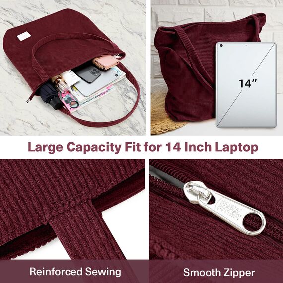 KALIDI cord Tasche Damen Umhängetasche mit Reißverschluss,Groß Shopper Tasche Tote Bag Handtasche Schultertaschen für Arbeit Büro Reisen Einkaufen Schule und Alltag