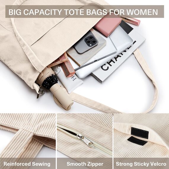 KALIDI Cord Tasche Damen Umhängetasche mit Reißverschluss Wasserdicht Tote Bag mit Taschenfach Groß Shopper Tasche Handtasche Schultertaschen für Arbeit Büro Reisen Einkaufen Schule
