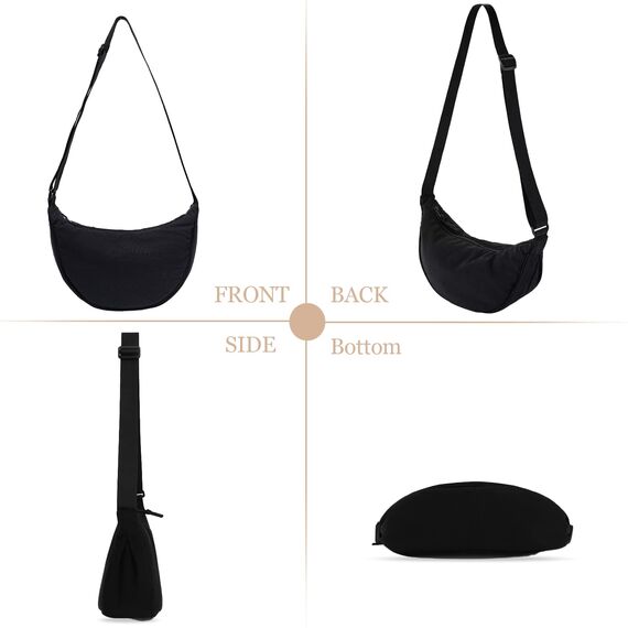 GoPaw Damen Halbmond Crossbody Schultertasche, Hobo Halfmoon Bag, Nylon Crossbody Bag Damen Halbmond Schultertasche mit verstellbarer Schultergurt, Einfarbige(Schwarz)