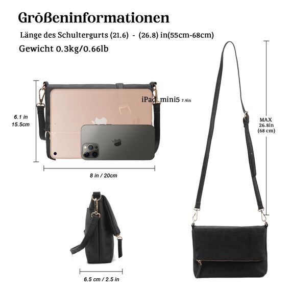 Gladdon Umhängetasche Damen Klein Handtasche,Crossbody Tasche Schultertasche Elegant Clutch Messenger PU-Leder Taschen Für Täglich Arbeit Einkaufen(Schwarz)