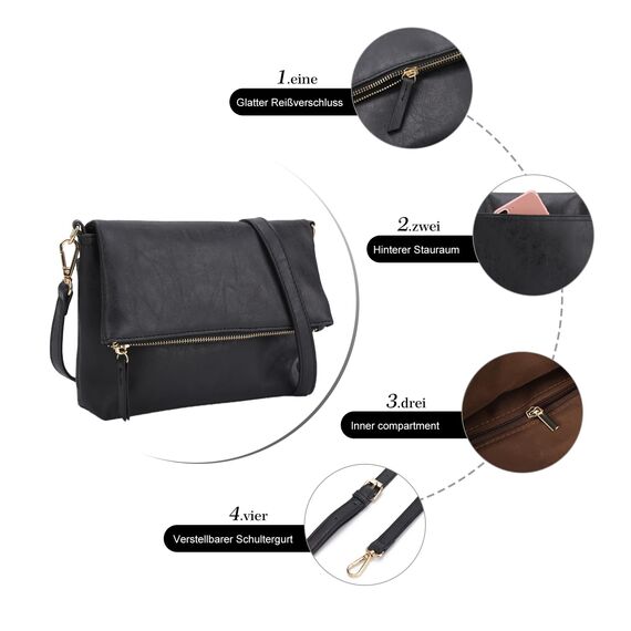 Gladdon Umhängetasche Damen Klein Handtasche,Crossbody Tasche Schultertasche Elegant Clutch Messenger PU-Leder Taschen Für Täglich Arbeit Einkaufen(Schwarz)