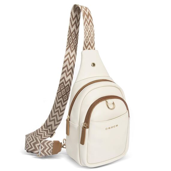 OSOCE Crossbody Damen Klein Brusttasche PU Leder Sling Bag Diebstahlsicher Crossbag Damen Schulterrucksack Vielseitige Umhängetasche für Reisen und mehr in Braun Weiß und Schwarz