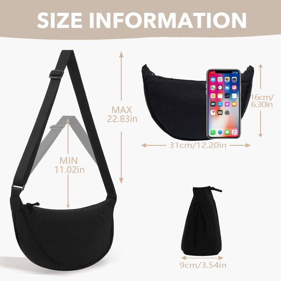 GoPaw Damen Halbmond Crossbody Schultertasche, Hobo Halfmoon Bag, Nylon Crossbody Bag Damen Halbmond Schultertasche mit verstellbarer Schultergurt, Einfarbige(Schwarz)