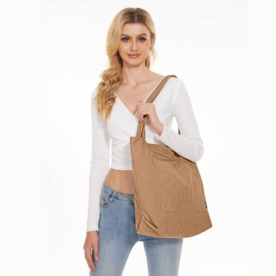 KALIDI Cord Tasche Damen Umhängetasche mit Reißverschluss Wasserdicht Tote Bag mit Taschenfach Groß Shopper Tasche Handtasche Schultertaschen für Arbeit Büro Reisen Einkaufen Schule