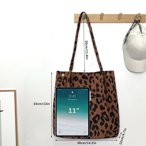 Bikasun Groß Umhängetasche Damen Cord Schultertasche Strandtasche Cord Tasche Crossbody Tasche Shopper Tote Bag Einkaufstasche Handtasche Shopper für Arbeit Einkaufen Schule Leopardenmuster