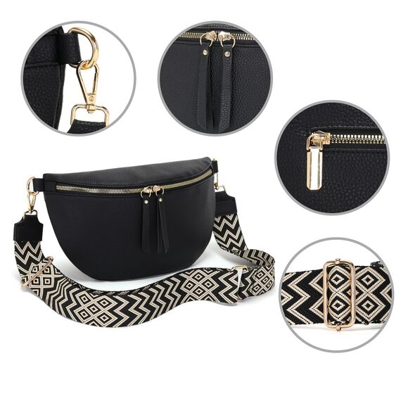 Vezluax 30x20cm umhängetasche Damen Bauchtasche Damen Groß Vegan Leder Crossbody Bag stylisch Frauen mit breitem Gurt Schwarz