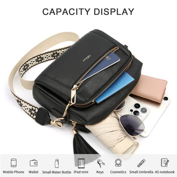 HILAEX Umhängetasche Damen mit Anti Diebstahl, Handtasche Damen Mittelgroß mit 4 Fächern, mit Verstellbar Abnehmbar Breiter Gurt Schwarz