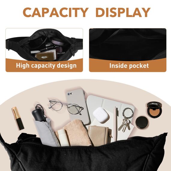 GoPaw Damen Halbmond Crossbody Schultertasche, Hobo Halfmoon Bag, Nylon Crossbody Bag Damen Halbmond Schultertasche mit verstellbarer Schultergurt, Einfarbige(Schwarz)