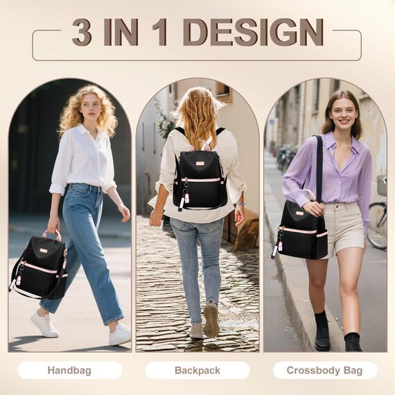 Leathario Rucksakck Damen klein,Diebstahlsicher Cityrucksack,Wasserdichtere Rucksackhandtasche,Eleganter Tagesrucksack für Büro,Pendeln,Arbeit,Backpack Women für Reisen,Einkaufen,Schwarz